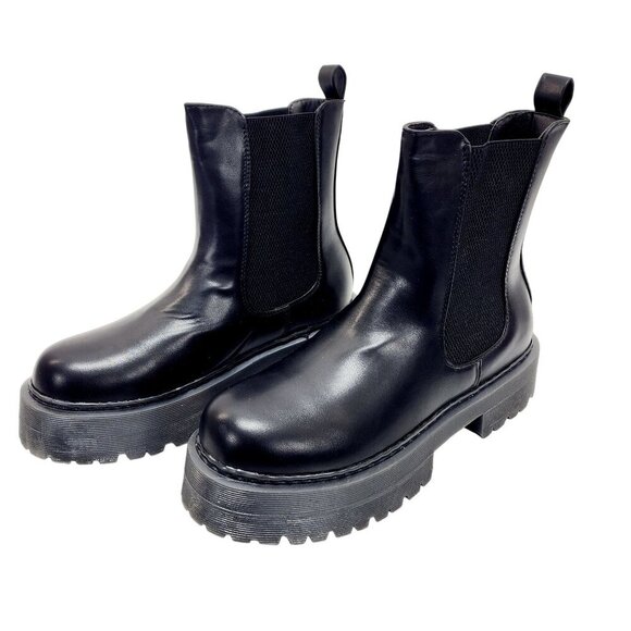 WOMENS Black Platform Chelsea Slip on Chunky Ankle Boots Size 10 - Picture 3 of 13